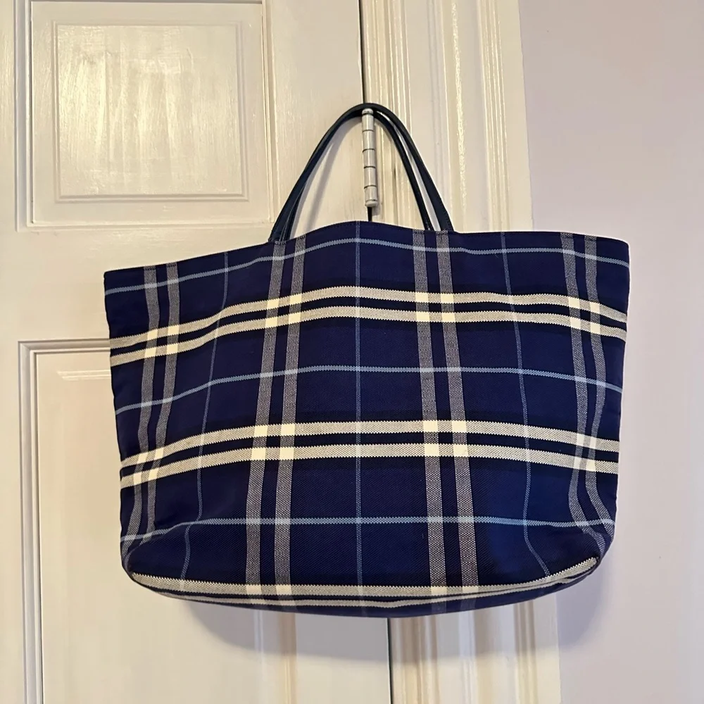 Burberry Navy and Cream Plaid Canvas Tote